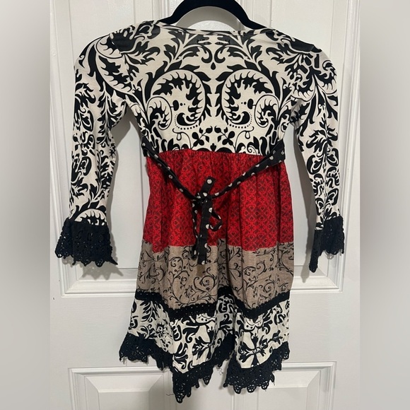 Mustard Pie Kids Red, Black, & White Damask Patchwork Dress with Lace Trim Sz 4 - Picture 13 of 13
